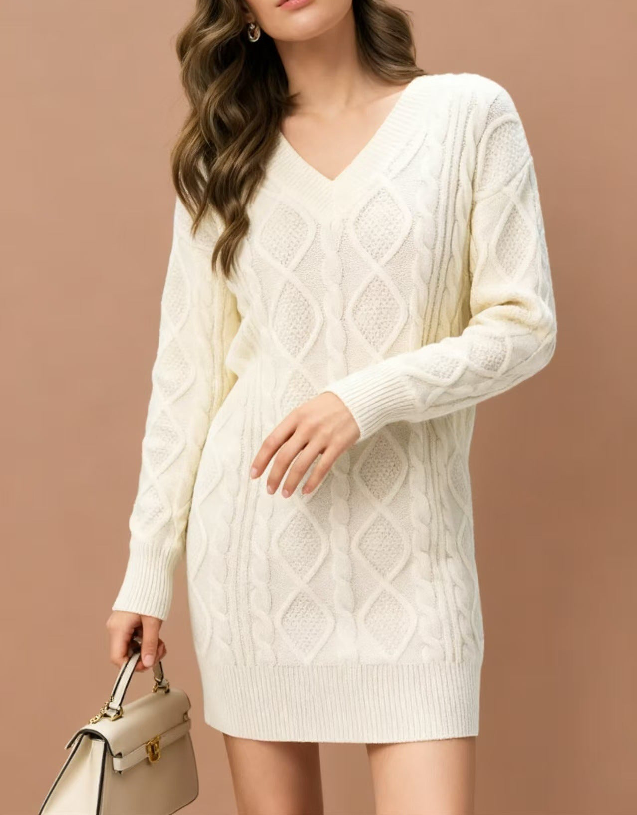 Mid-length Sweater V-neck Knitted Casual Twist Dress