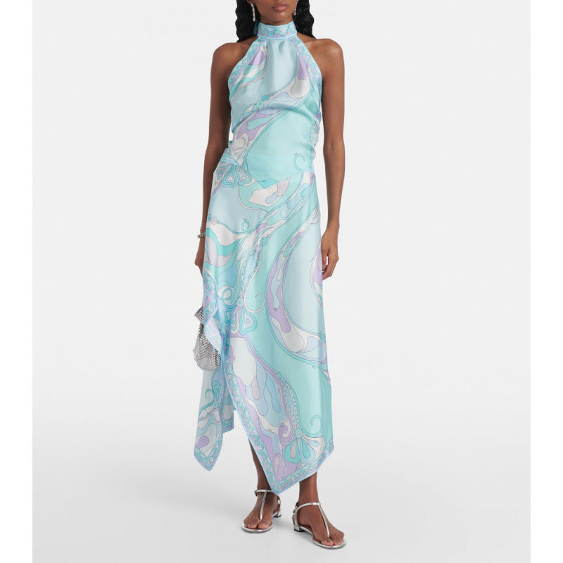 Printed Satin Halter Backless Top Irregular Skirt Two-piece Suit