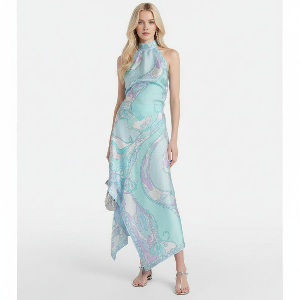 Printed Satin Halter Backless Top Irregular Skirt Two-piece Suit