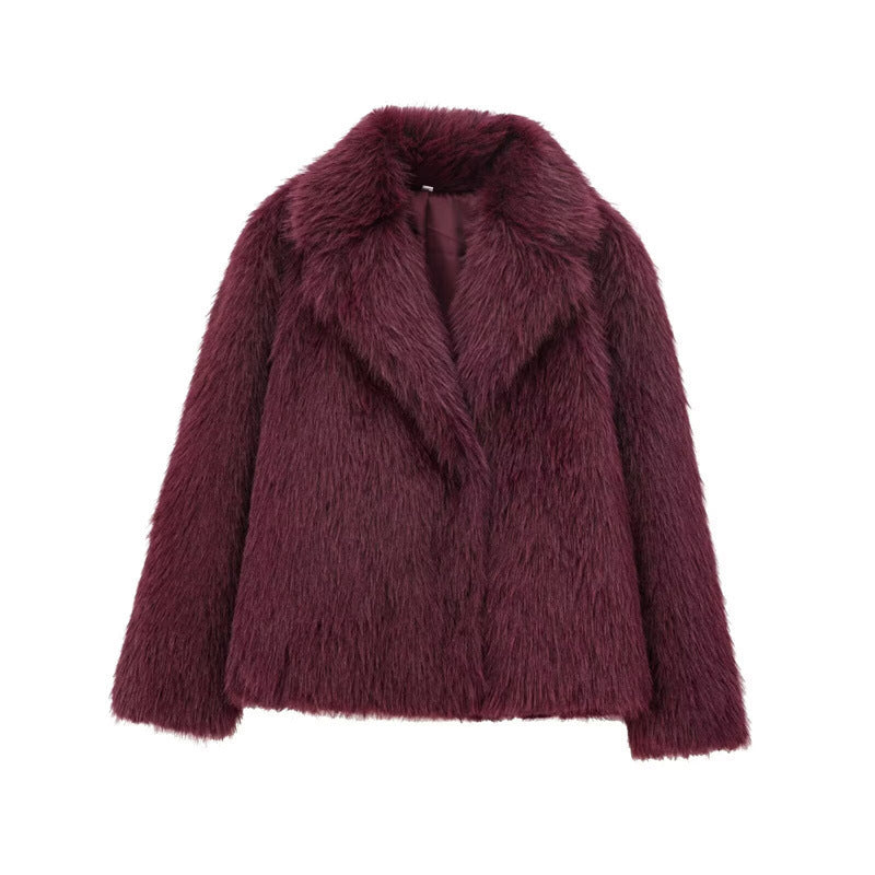 Women's Solid Color Fashionable Temperament Lapel Faux Fur Jacket