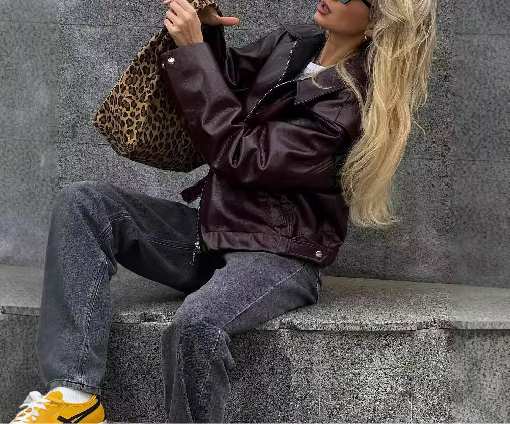 Casual Long Sleeve Leather Coat