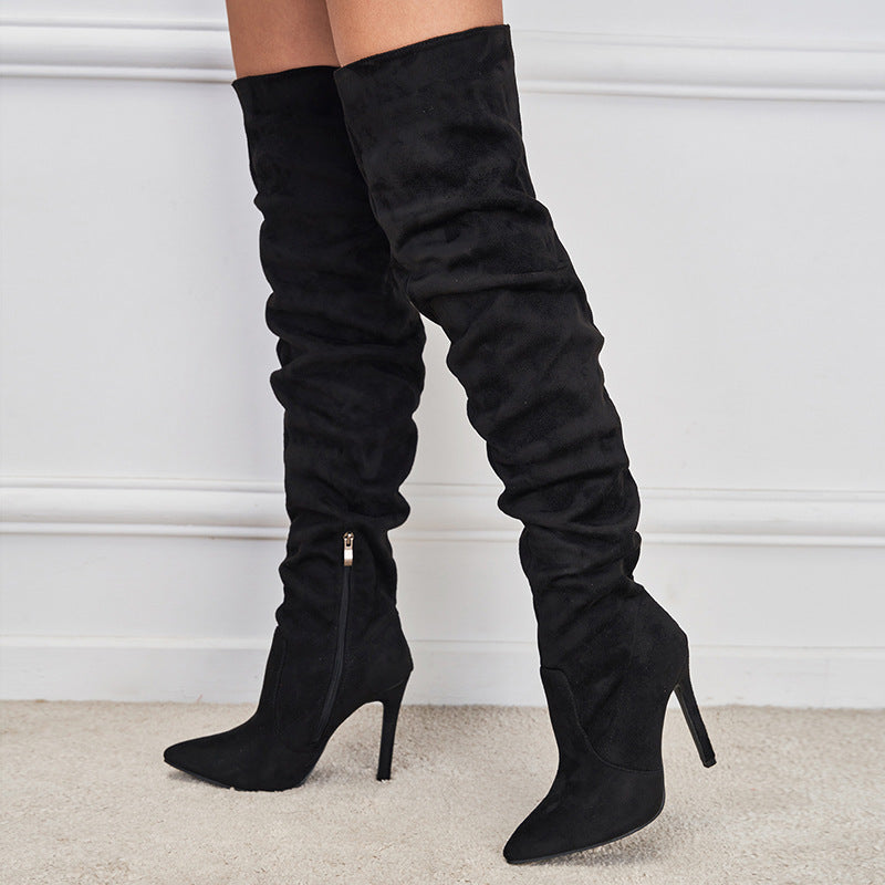 Pointed Toe Suede High Zipper Stiletto Heel Boots