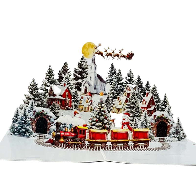 3D Christmas Card | Night Before Christmas Scene With Santa, Reindeer, Snowy Village & Moonlit Sky Festive Holiday Greeting Card