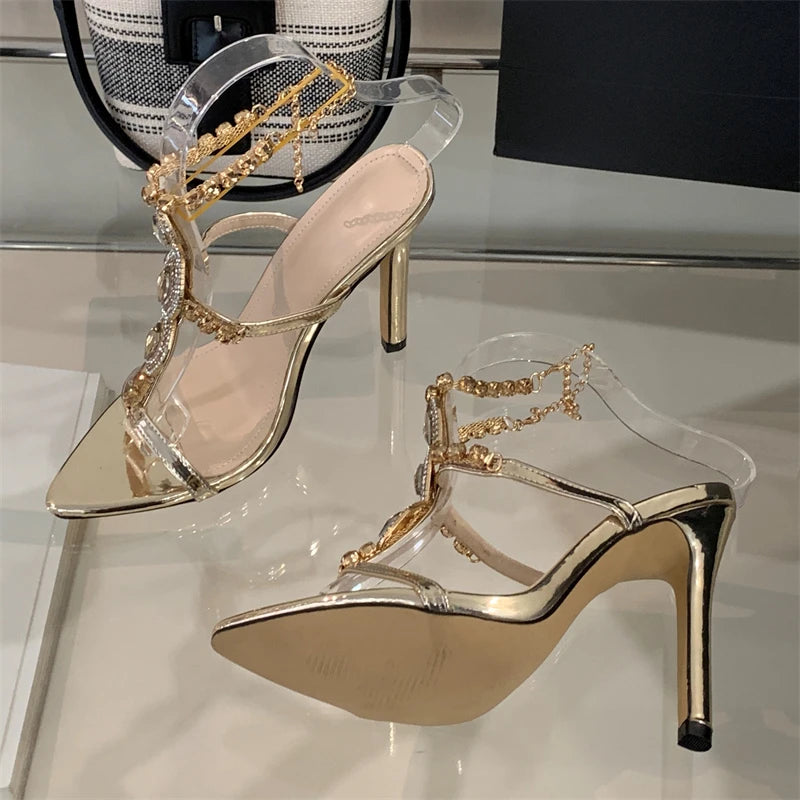 EilyKen Sexy Golden Pointed Toe Women Women Sandals Design Style Crystal Chain Buckle Strap Thin High Heels Party Prom Shoes
