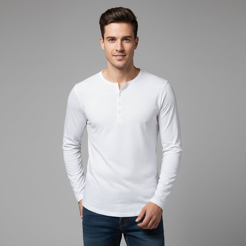 Men's Long-sleeved T-shirt Fashion Casual Solid Color Pullover Button Top Autumn And Spring Clothing