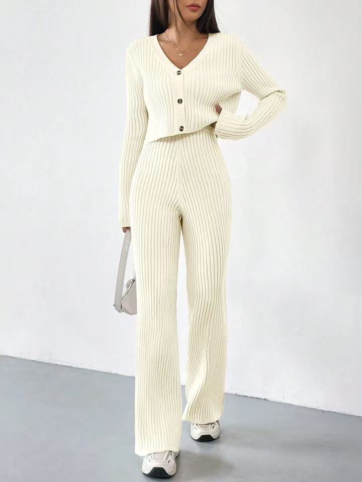 Solid Color Knitted Two-piece Women's V-neck Short Knitted Cardigan Bootcut Trousers Versatile Casual Women's Clothing