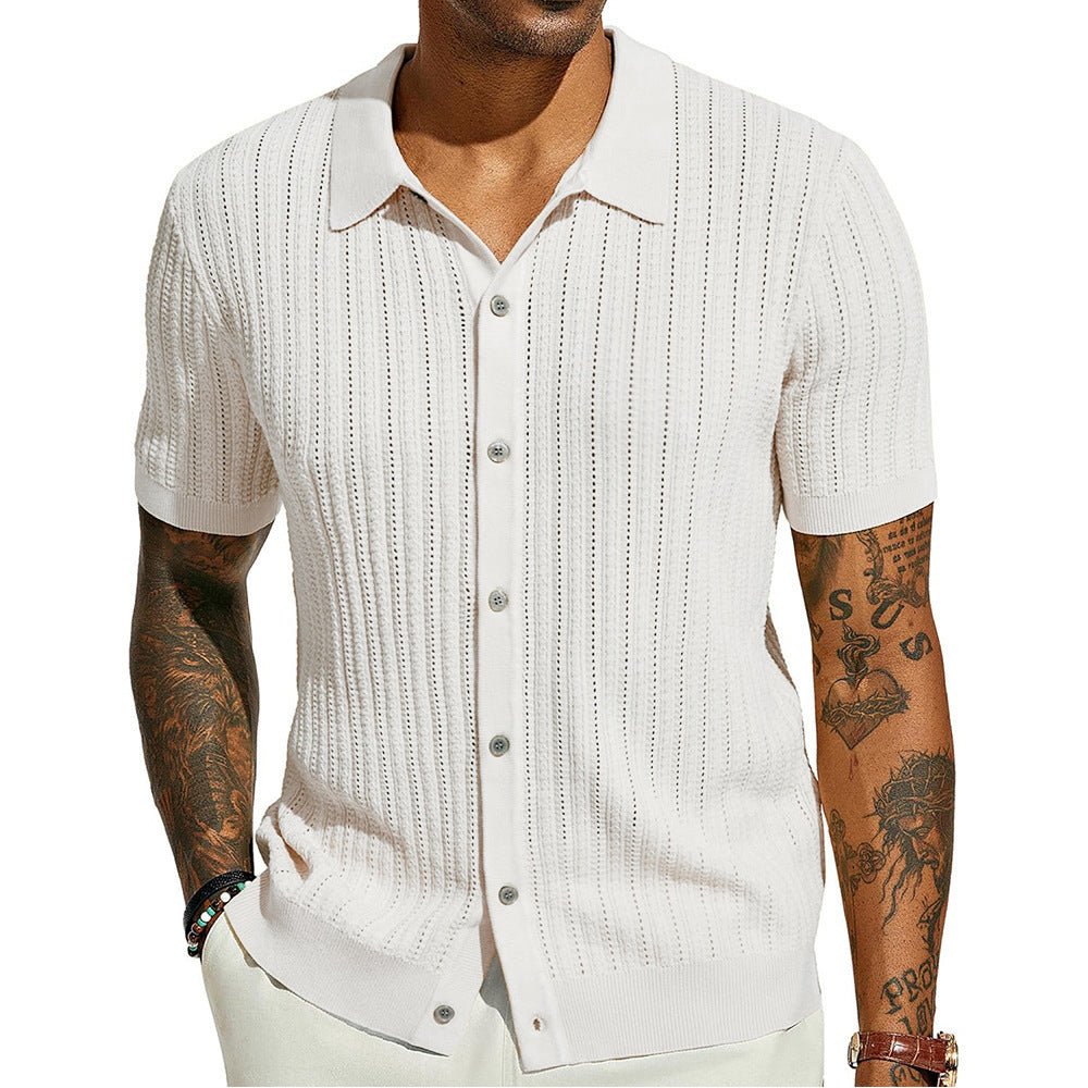 Summer Cool Knitted Men's Shirt Short Sleeved Lapel Solid Color