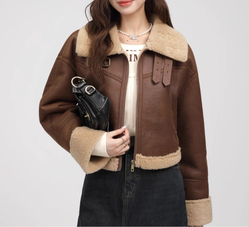 Stand Collar Fur Integrated Lamb Fur Short Coat