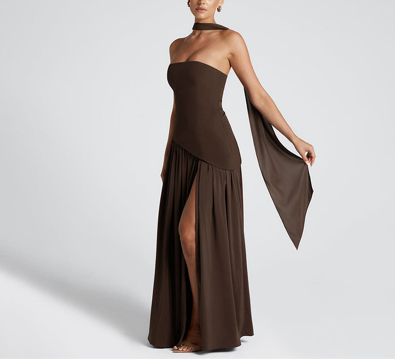 Pure Color Split Backless Elegant Streamer Dress
