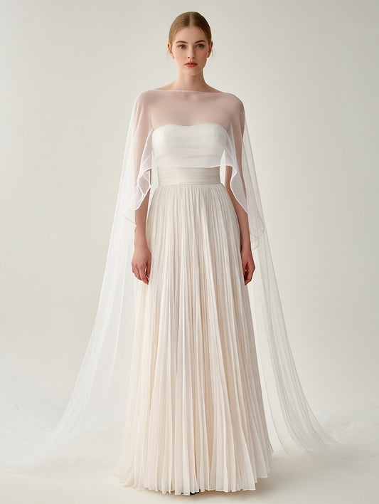 Elegant White Pleated Gown With Sheer Cape Overlay