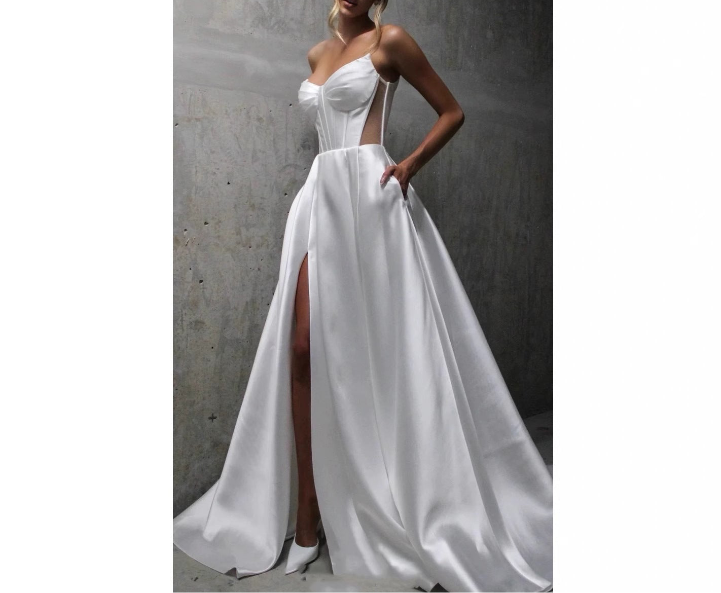White Satin Slit Pocket Bandage Wedding Dress