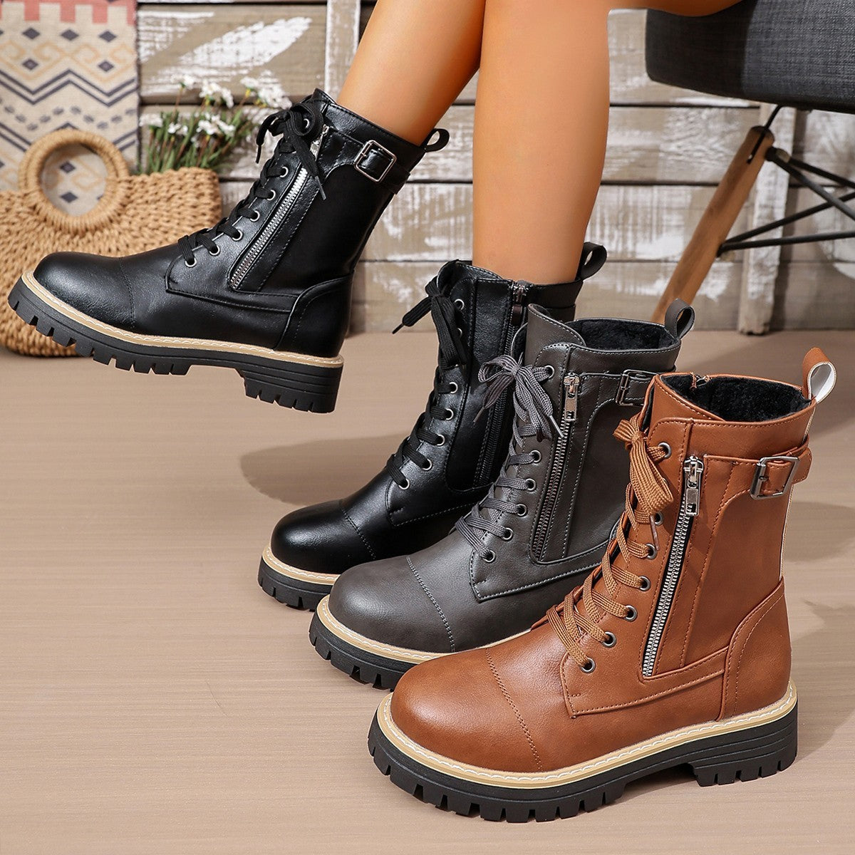 New Women's Solid Color Low Heel Middle Boots