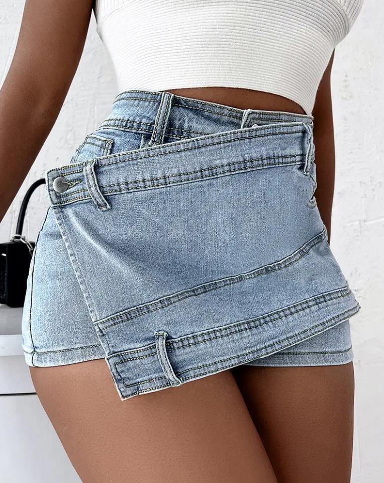 Street Denim Shorts Stretch Overlap Waist Wrap