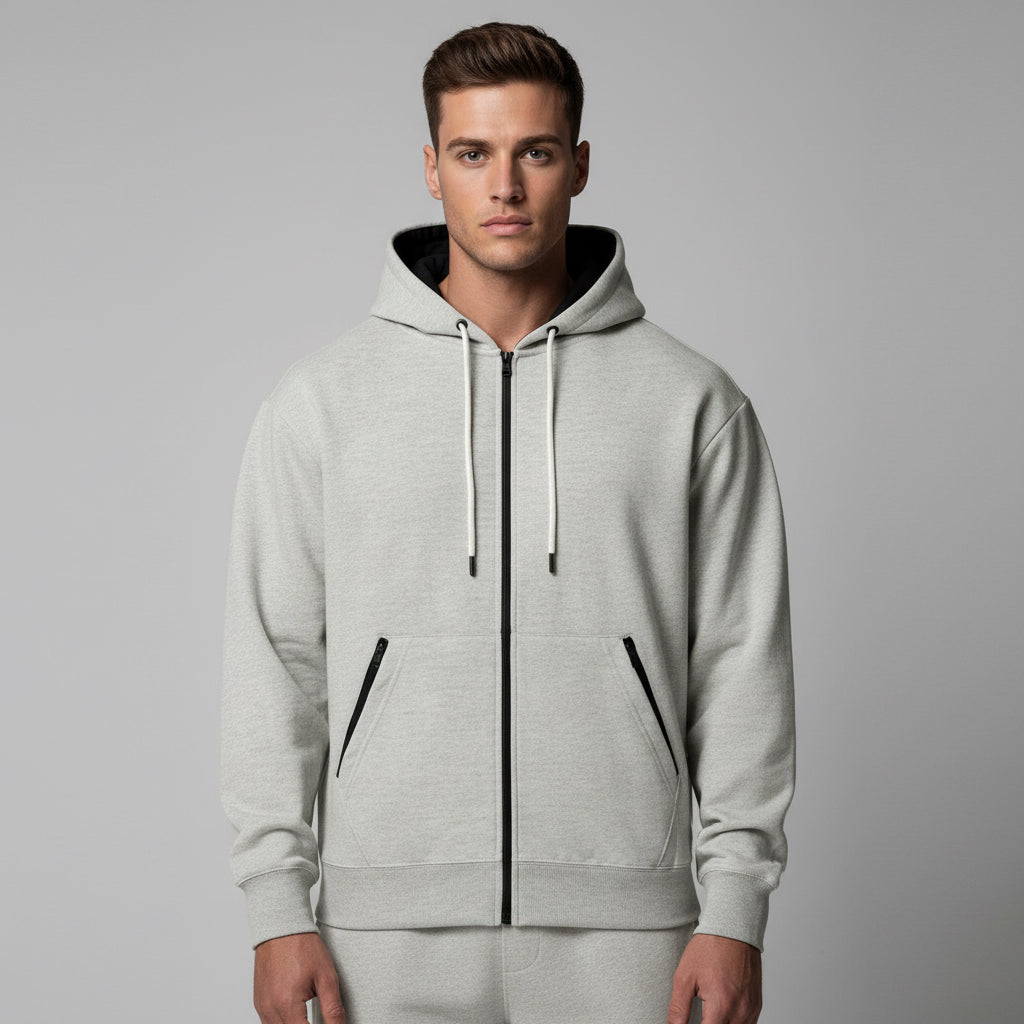 Fall Winter Men's Solid Color Long-sleeve Zipper Hooded Sports Casual Fleece Warm Sweatshirt