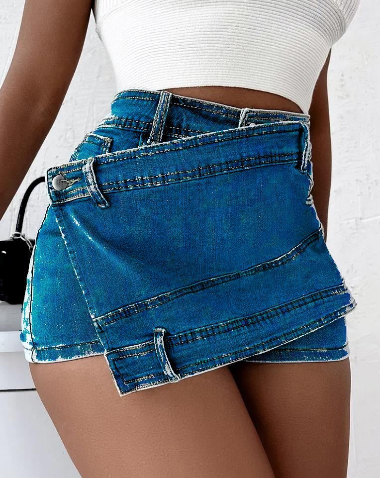 Street Denim Shorts Stretch Overlap Waist Wrap