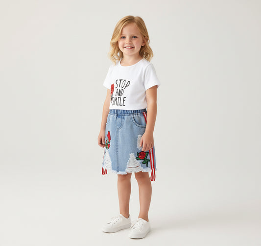Kids Clothes White T-shirt Denim Skirt 2pcs Girls Suits