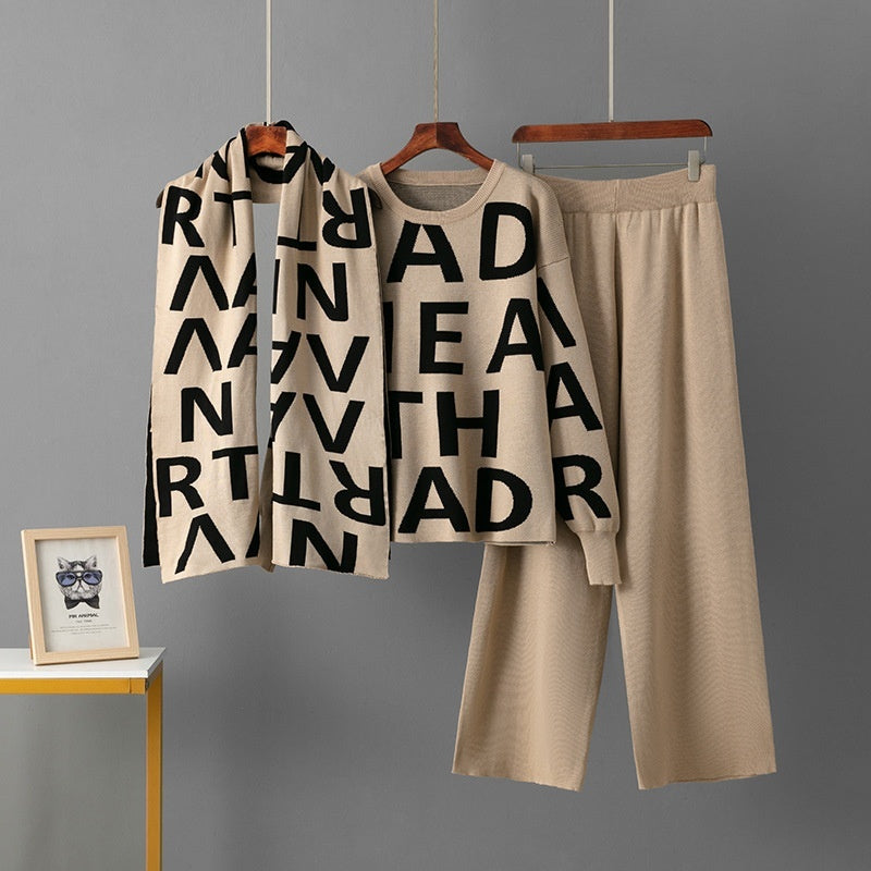 Elegant Knitting Suit Letter Shawl Woolen Round Neck Casual Wide Leg Pants