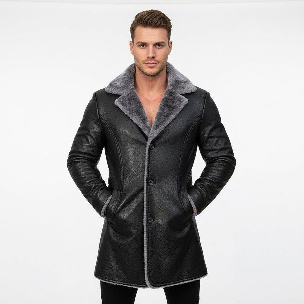 Plush Lapel Leather Jacket Winter Warm Fleece Single-breasted Coat For Men Long Clothing