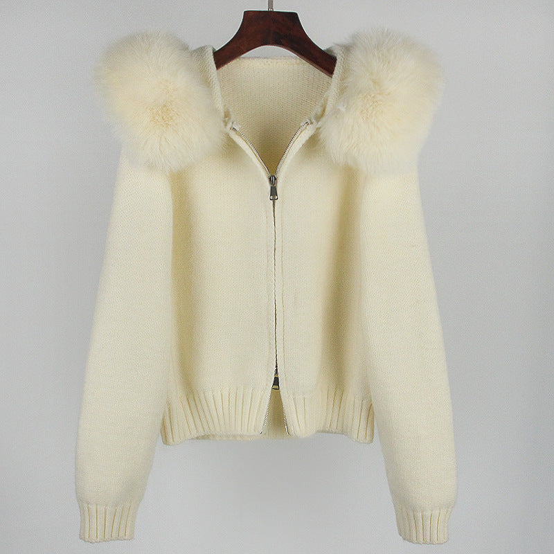 Leisure Hooded Real Fox Fur Collar Fashion All-match Sweater Outer Fur Coat