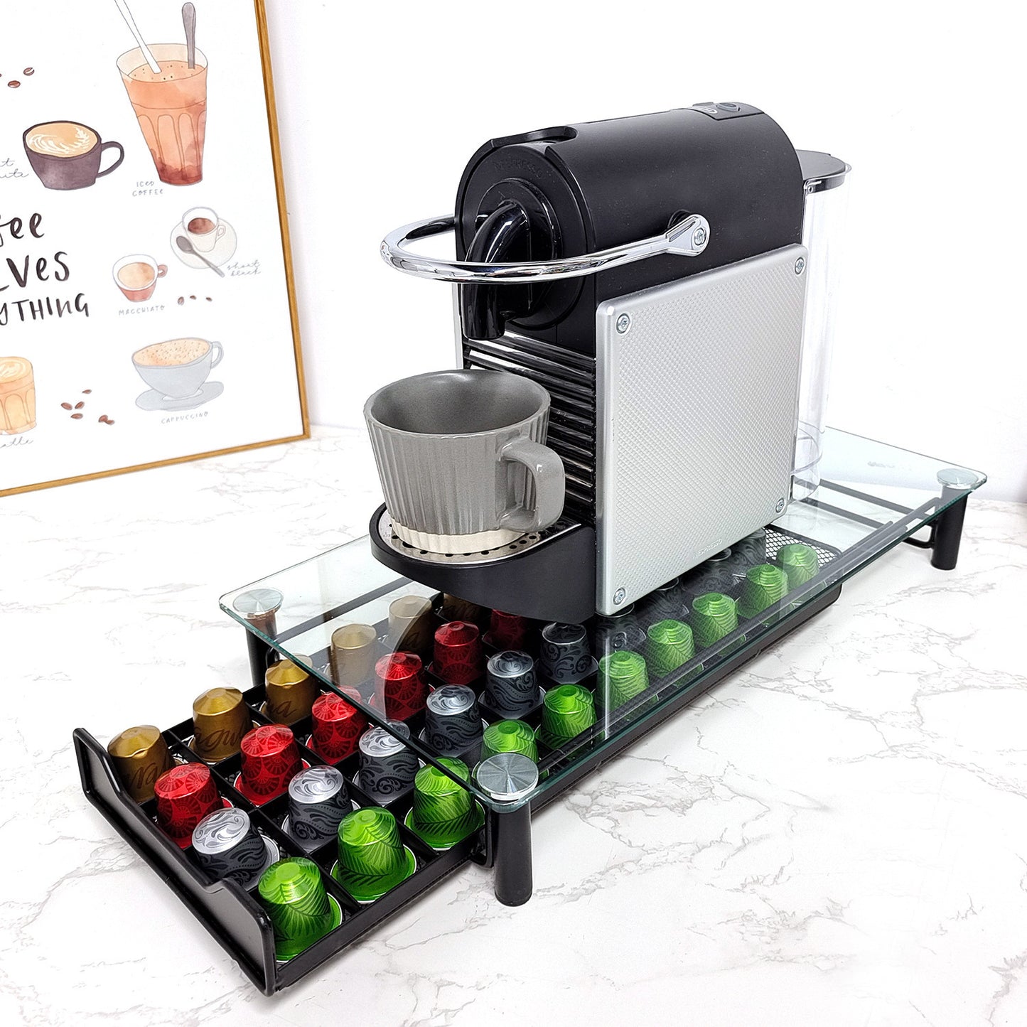 Glass Coffee Capsule Tea Room Drawer Machine Base Office Desk Surface Panel Organizing Storage Rack