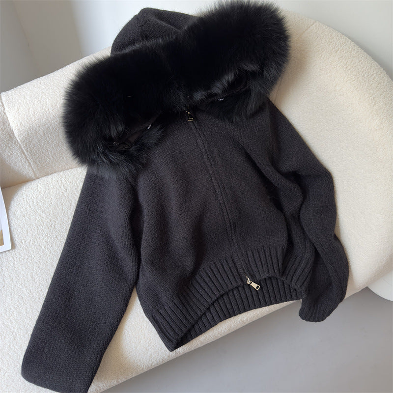 Leisure Hooded Real Fox Fur Collar Fashion All-match Sweater Outer Fur Coat