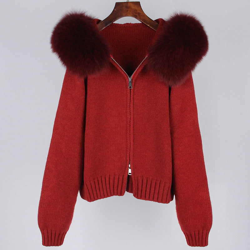 Leisure Hooded Real Fox Fur Collar Fashion All-match Sweater Outer Fur Coat