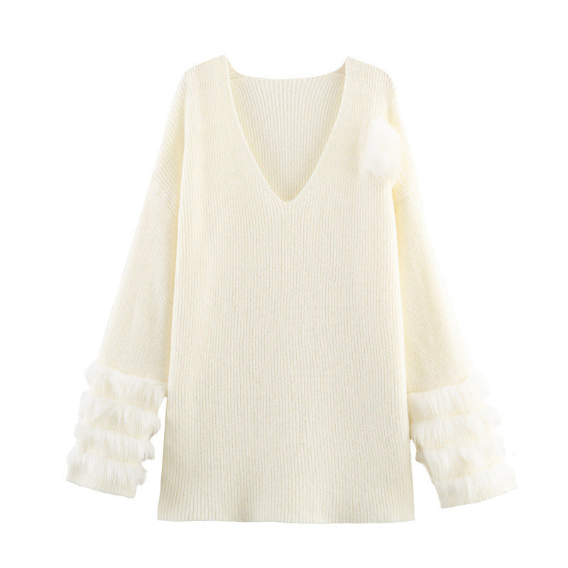 Casual V-neck Cuff Furry Knitted Dress