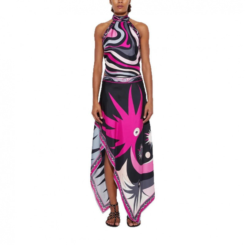 Printed Satin Halter Backless Top Irregular Skirt Two-piece Suit