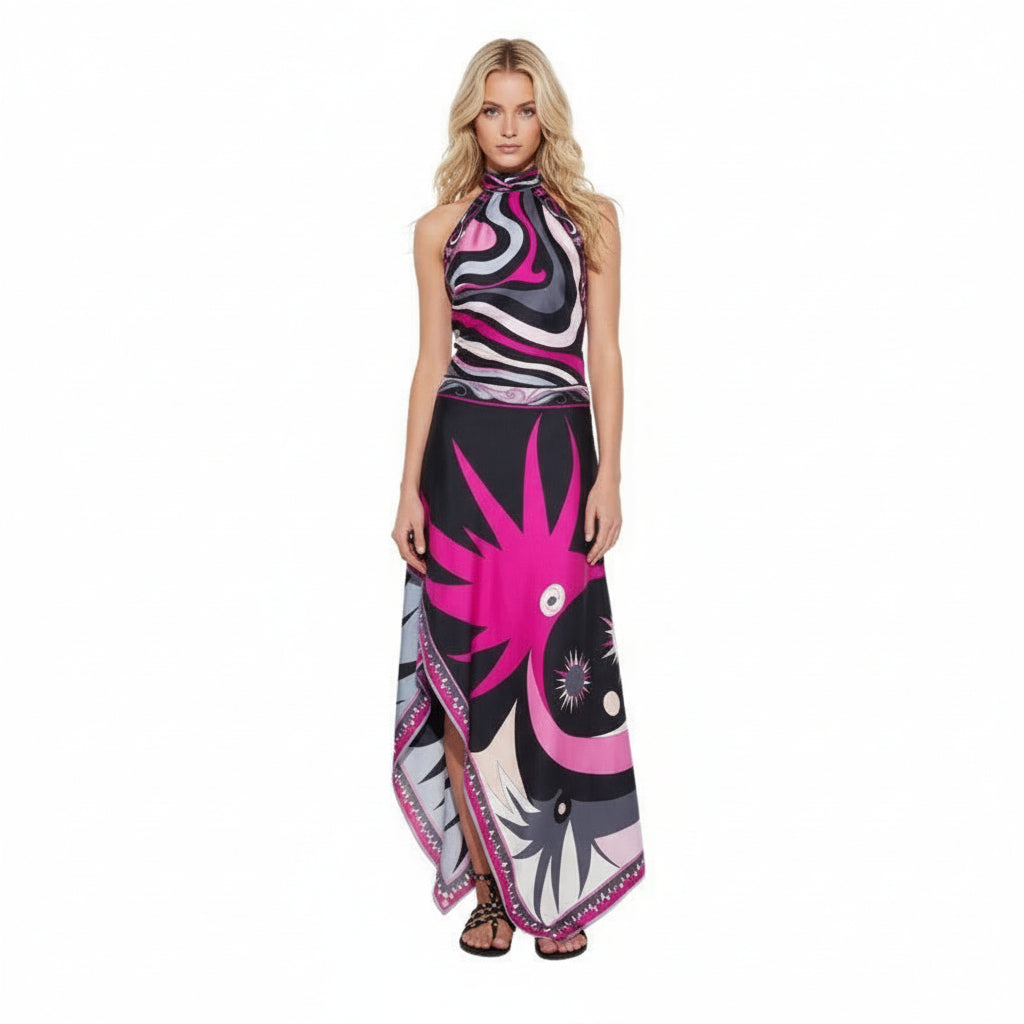 Printed Satin Halter Backless Top Irregular Skirt Two-piece Suit