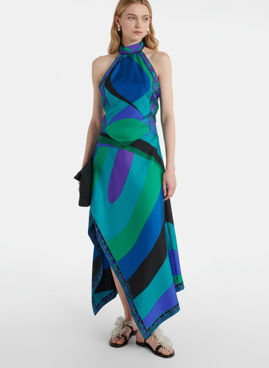 Printed Satin Halter Backless Top Irregular Skirt Two-piece Suit