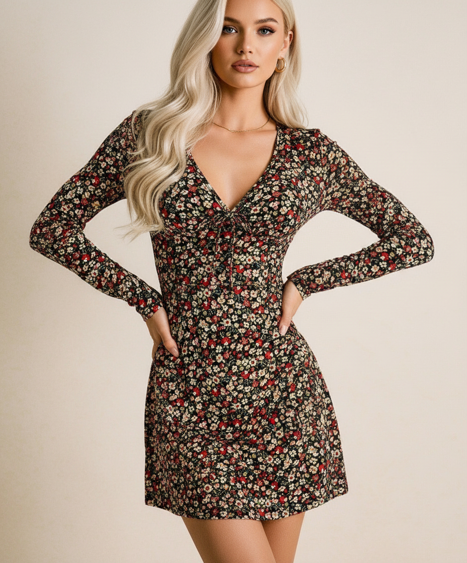 Slim Fit Fashion Floral V-neck Long-sleeve Dress