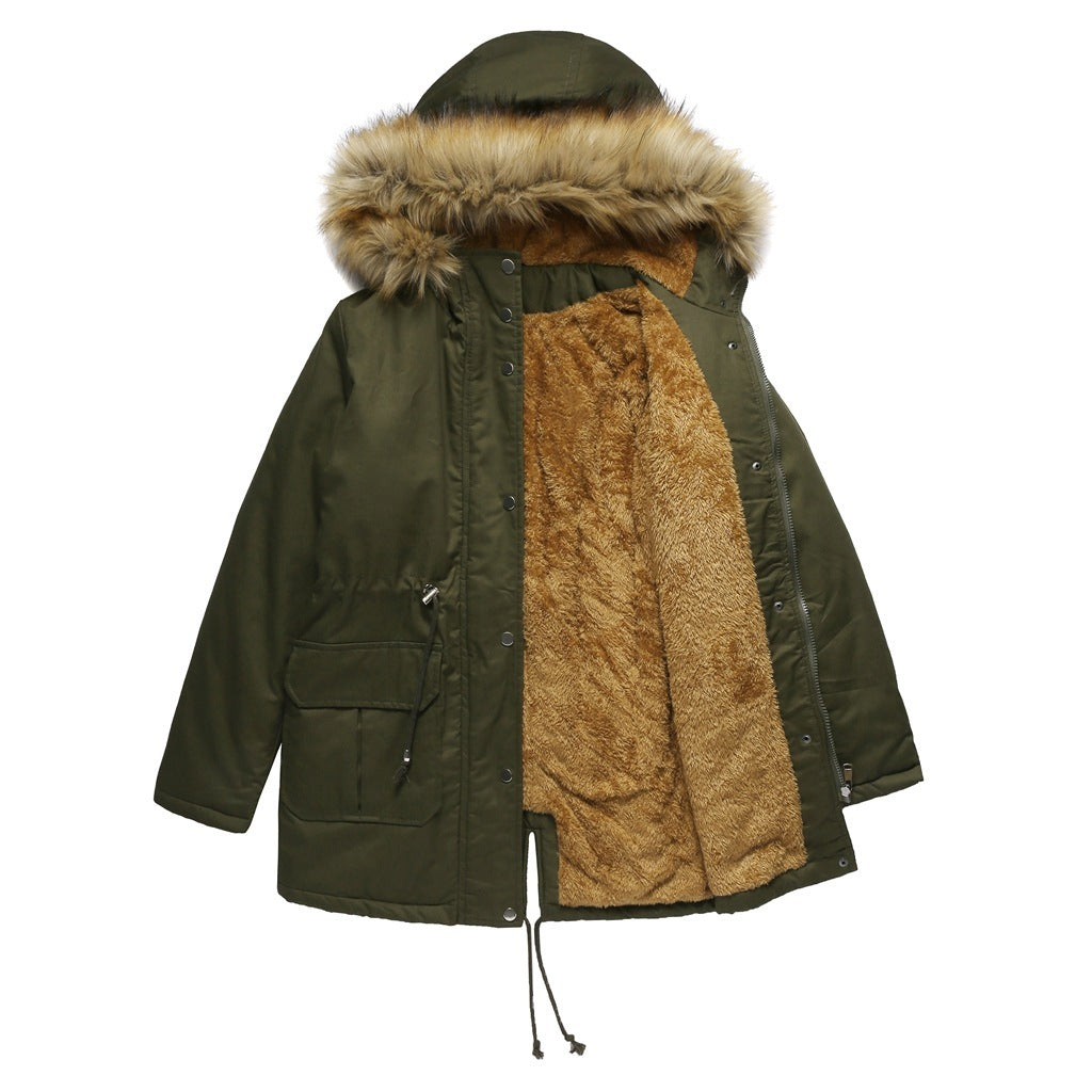 Hooded Fur Collar Fleece-lined Warm Jacket