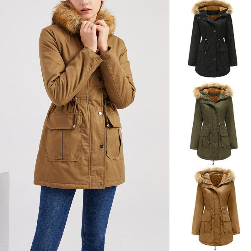 Hooded Fur Collar Fleece-lined Warm Jacket