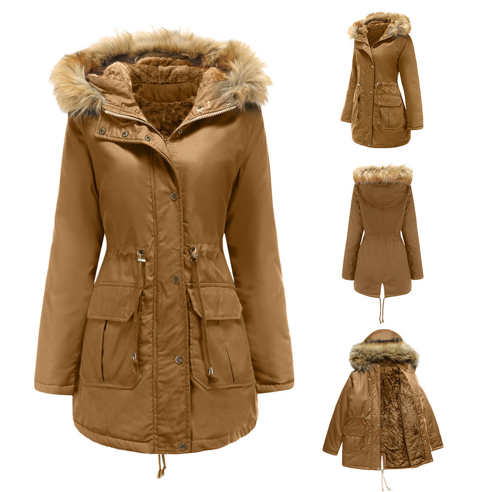Hooded Fur Collar Fleece-lined Warm Jacket