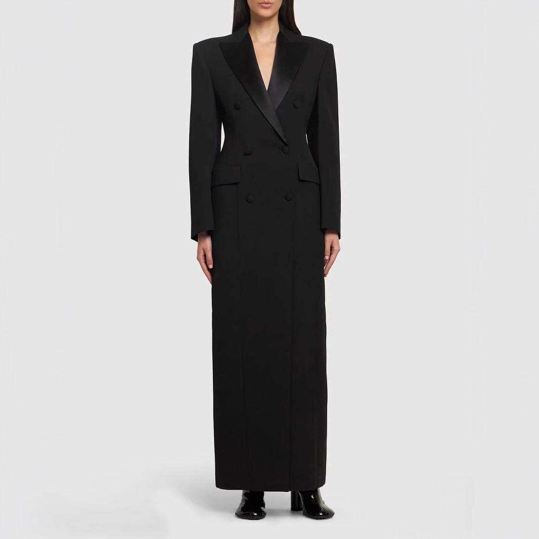 Satin Inlaid Color Collar Double Breasted Black Suit Trench Coat