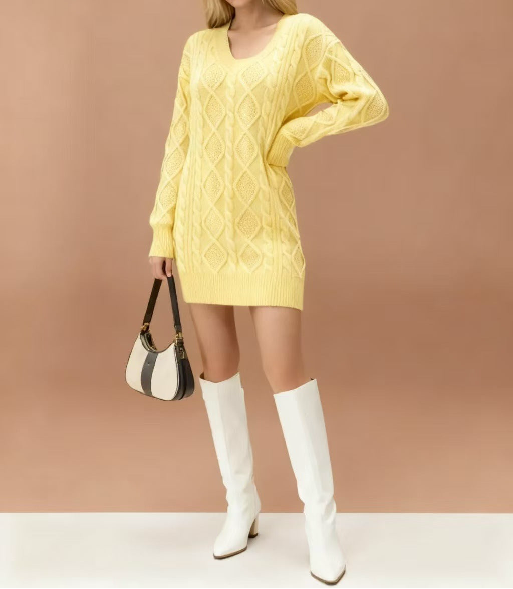 Mid-length Sweater V-neck Knitted Casual Twist Dress