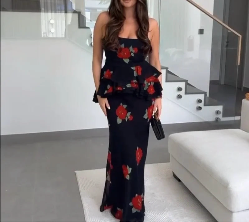 Elegant Ruffle Top Skirt Set Women Chic Print Sleeveless Backless Sling Top Hip Package Long Skirt Sets 2025 Summer Lady Dress