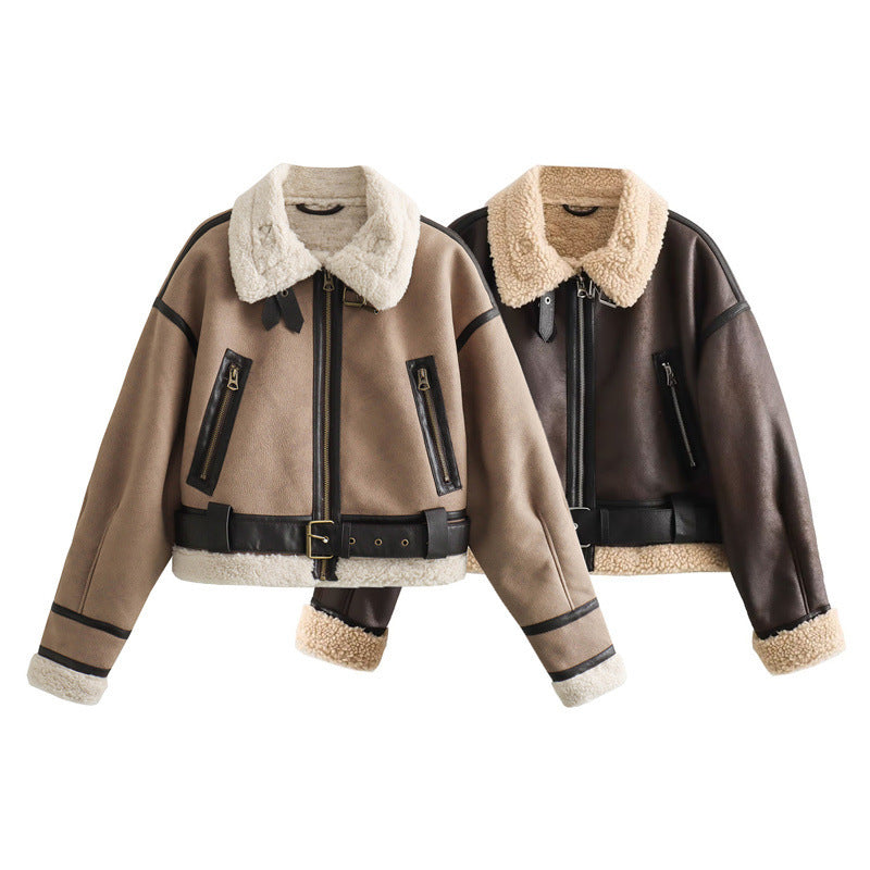 Women's Loose Long Sleeve Lamb Wool Splicing Coat