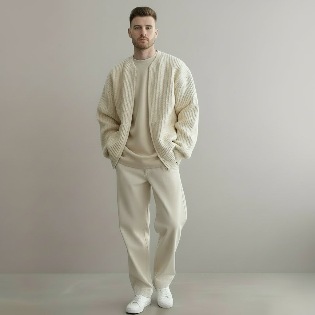Men Zip Up Knitted Cardigan Lined Funnel Neck Jumper Sweater Pockets Coat All Seasons Comfortable Soft Long Sleeve