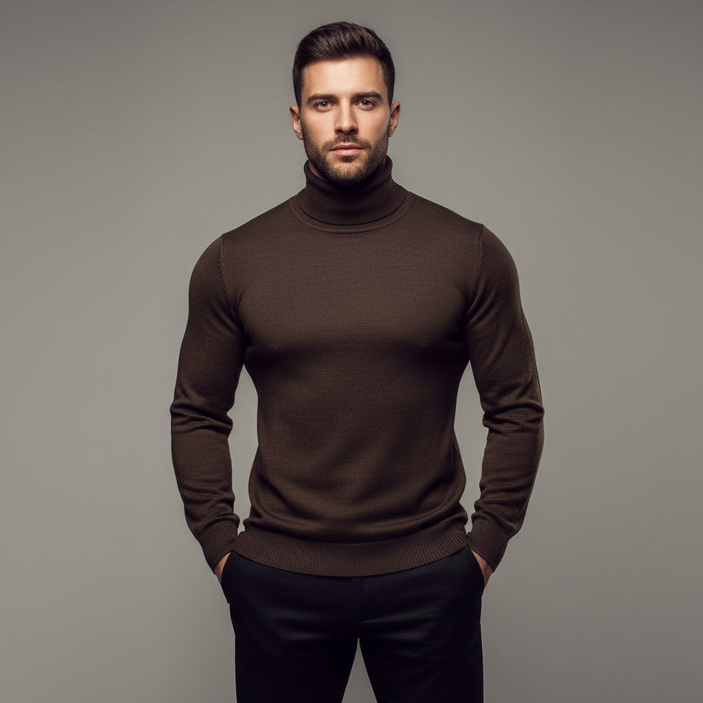 Winter Turtleneck Sweater Fashion Slim Fit Solid Color Pullover Knitted Top Men's Clothing