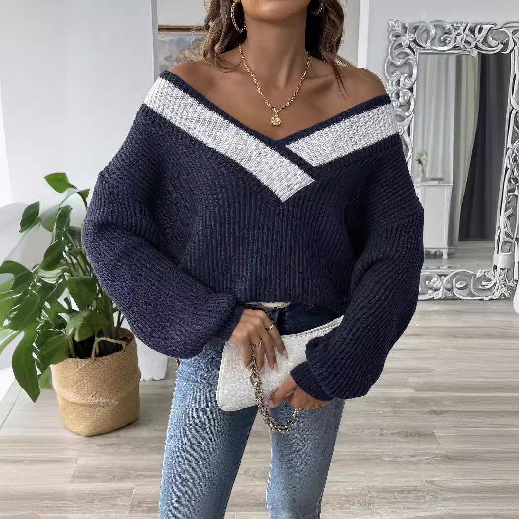 Color Contrast Patchwork Large V-neck Loose Pullover