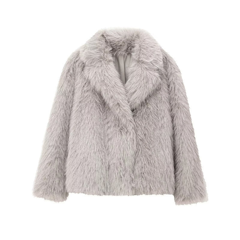Women's Solid Color Fashionable Temperament Lapel Faux Fur Jacket