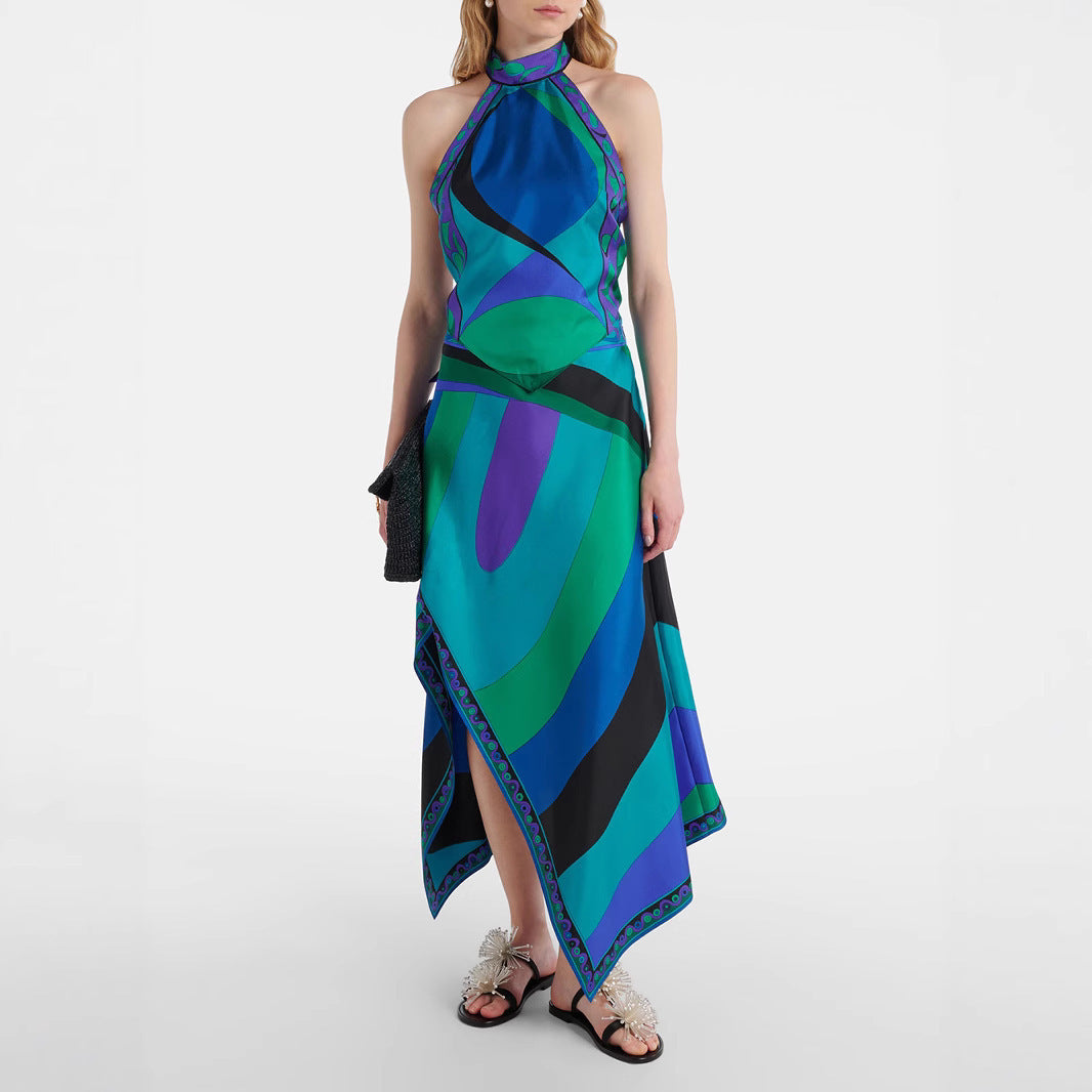 Printed Satin Halter Backless Top Irregular Skirt Two-piece Suit