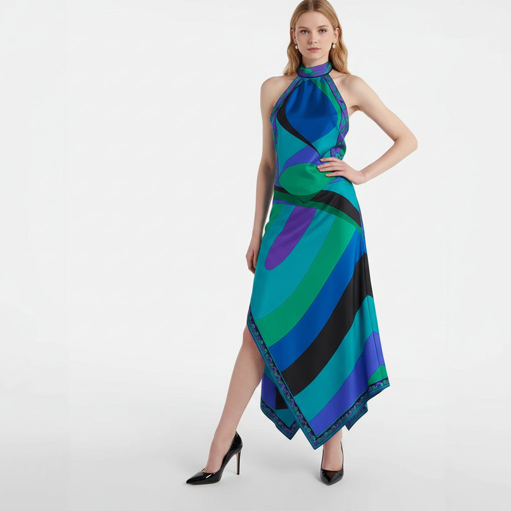 Printed Satin Halter Backless Top Irregular Skirt Two-piece Suit