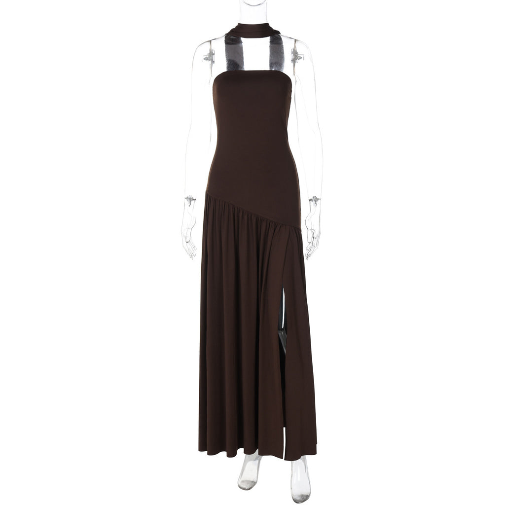 Pure Color Split Backless Elegant Streamer Dress
