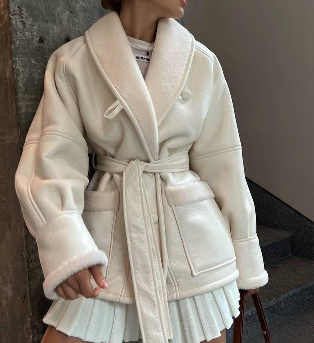 Leather And Fur Korean Style Long Sleeve Splicing Coat Women