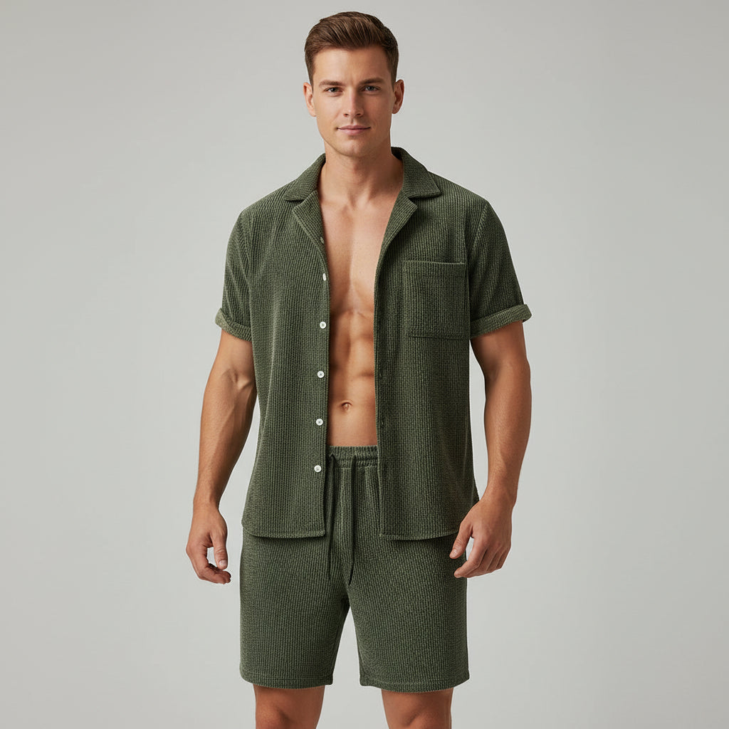 Corduroy Short Sleeve Suit Two Piece
