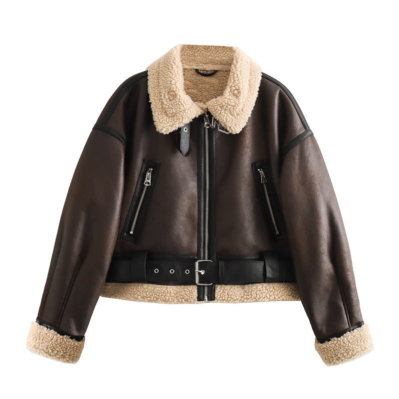 Women's Loose Long Sleeve Lamb Wool Splicing Coat
