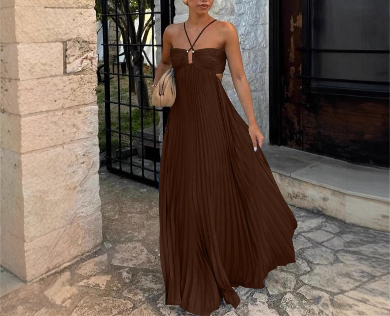 Ins Pleated Sleeveless Sling Dress Hollow High Waist Halter Robe Dresses For Evening Party Club Clothing Women