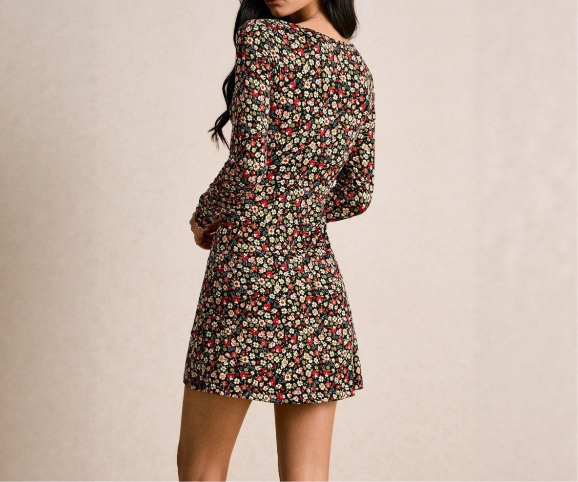 Slim Fit Fashion Floral V-neck Long-sleeve Dress